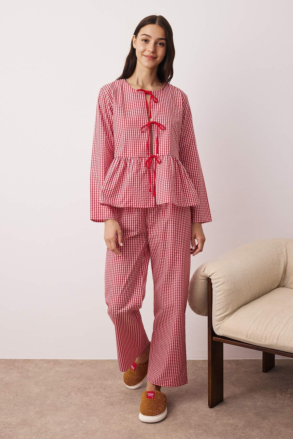 K?rm?z? Ekoseli Baglama Detayl? Dokuma Pijama Tak?m? THMAW26PT00026