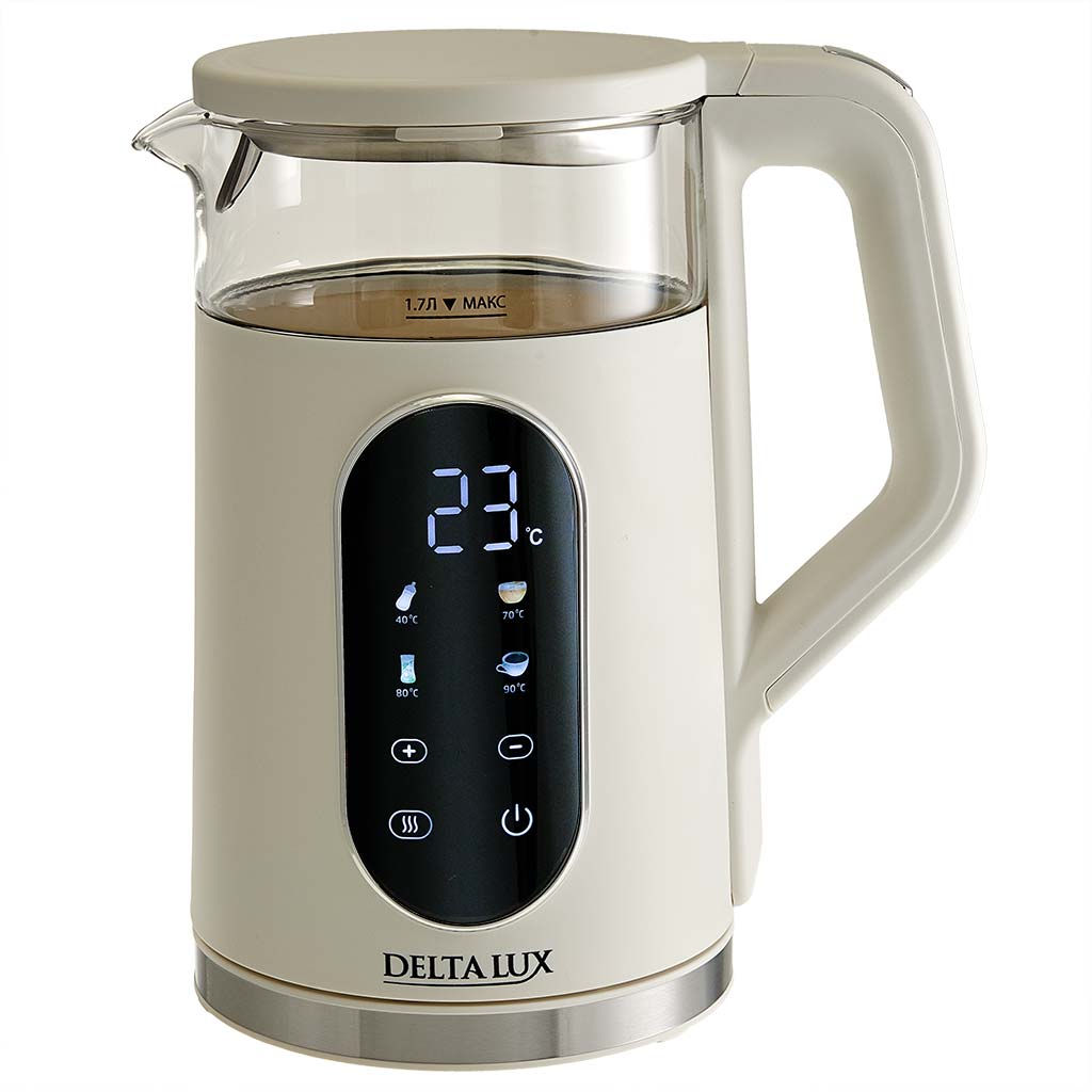 Чайник DELTA LUX DE-1025 корпус из термост. стекла и пластика, LCD дисплей, белый: 2200Вт, 1,7л