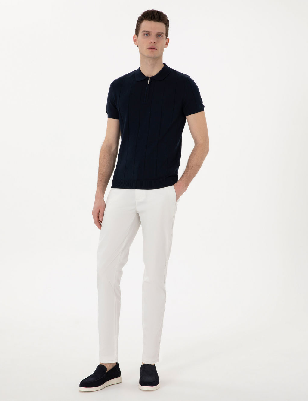 Lacivert Slim Fit Fermuarl_ Polo Yaka Triko Ti__rt