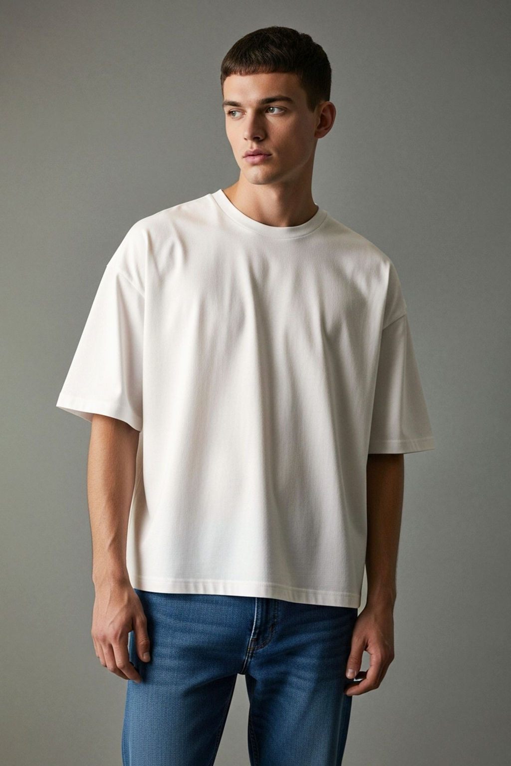 Ekru Loose/Dusuk Omuz %100 Pamuklu Basic T-Shirt TMNSS25TS00162