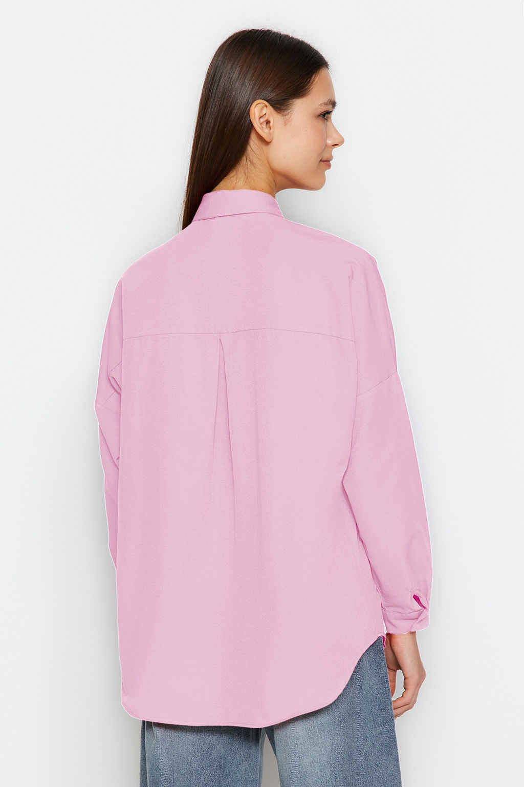 Pembe Pamuklu Oversize Genis Kal?p Dokuma Gomlek TWOSS22GO0669