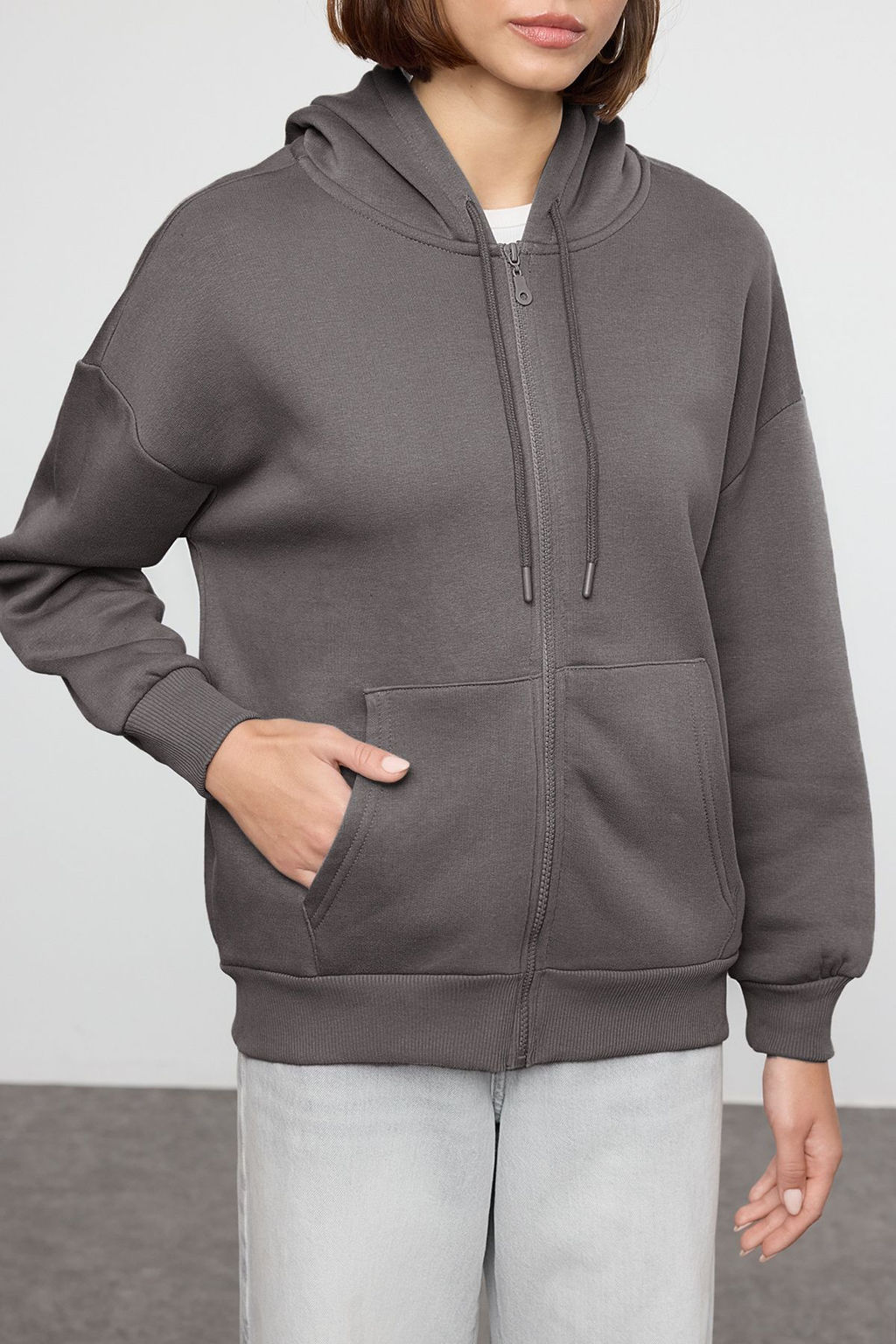 Antrasit Oversize/Rahat Kesim Basic Kapusonlu Fermuarl? Kal?n Ici Polarl