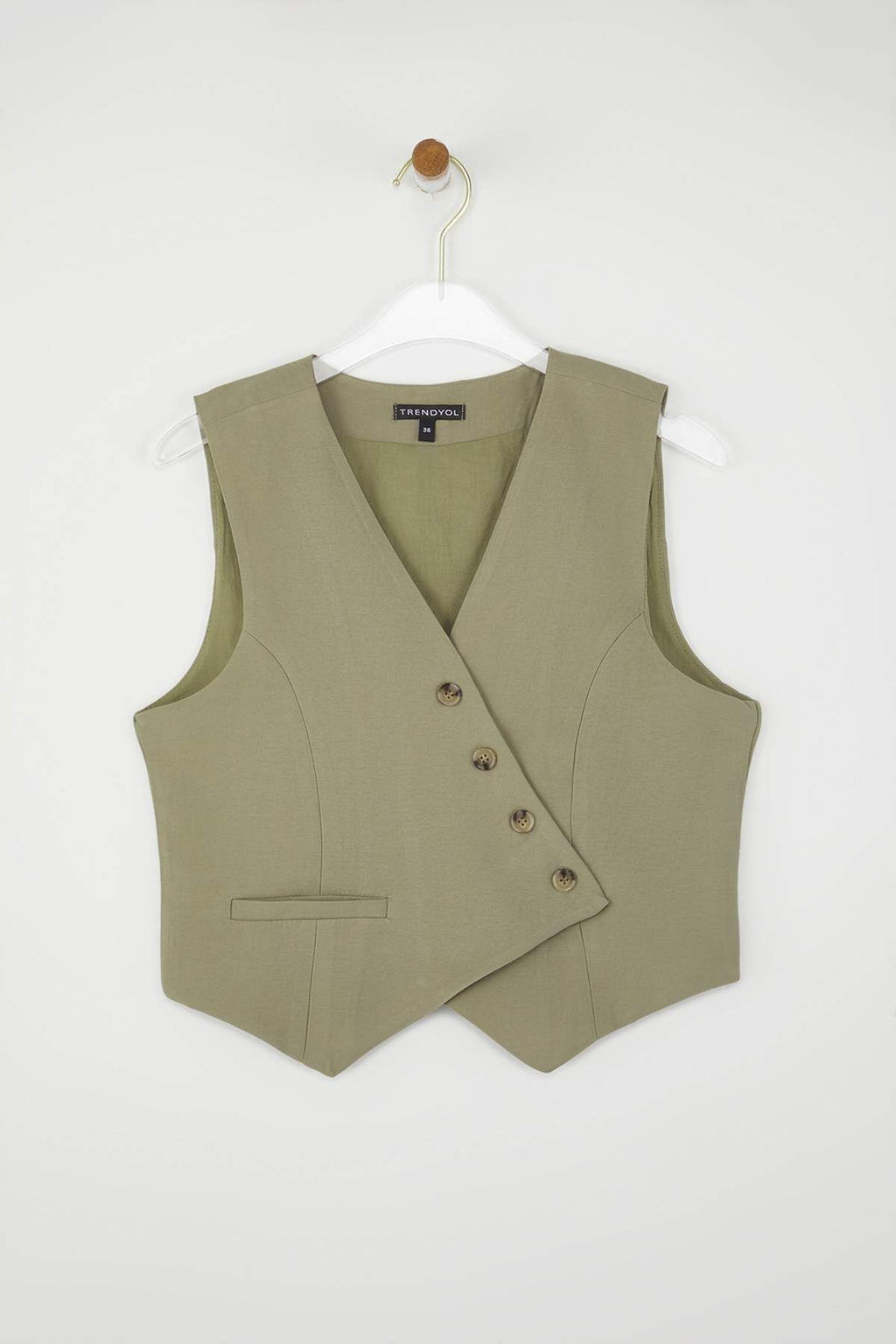 Haki Fitted Keten Gorunumlu Kruvaze Kapamal? Crop Yelek TWOSS25YE00122