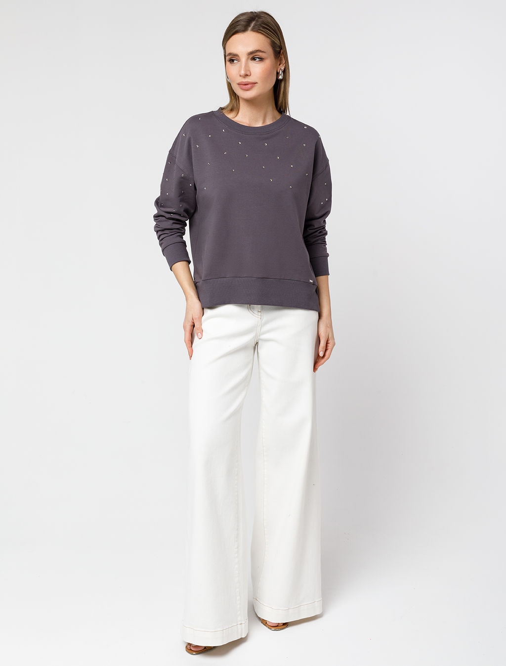 VILATTE / Свитшот из эластичного футера с принтом стразами  фото 5
