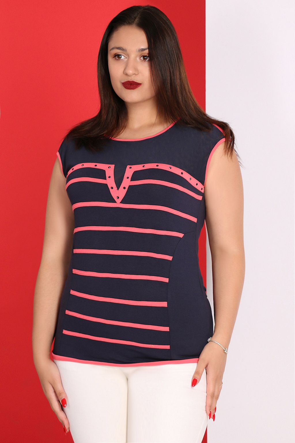 Футболка синяя с розовыми полосками