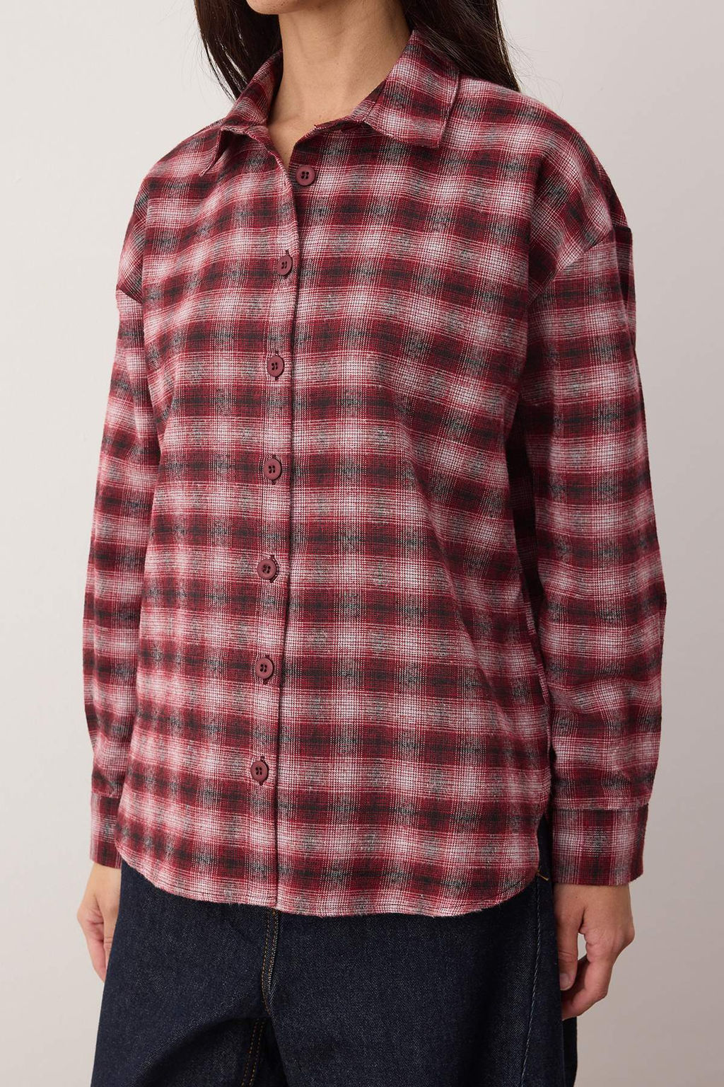 Bordo-Cok Renkli Ekose Flanel Oversize/Genis Kal?p Gomlek TWOAW26GO00135 - Trendyolmilla фото 3