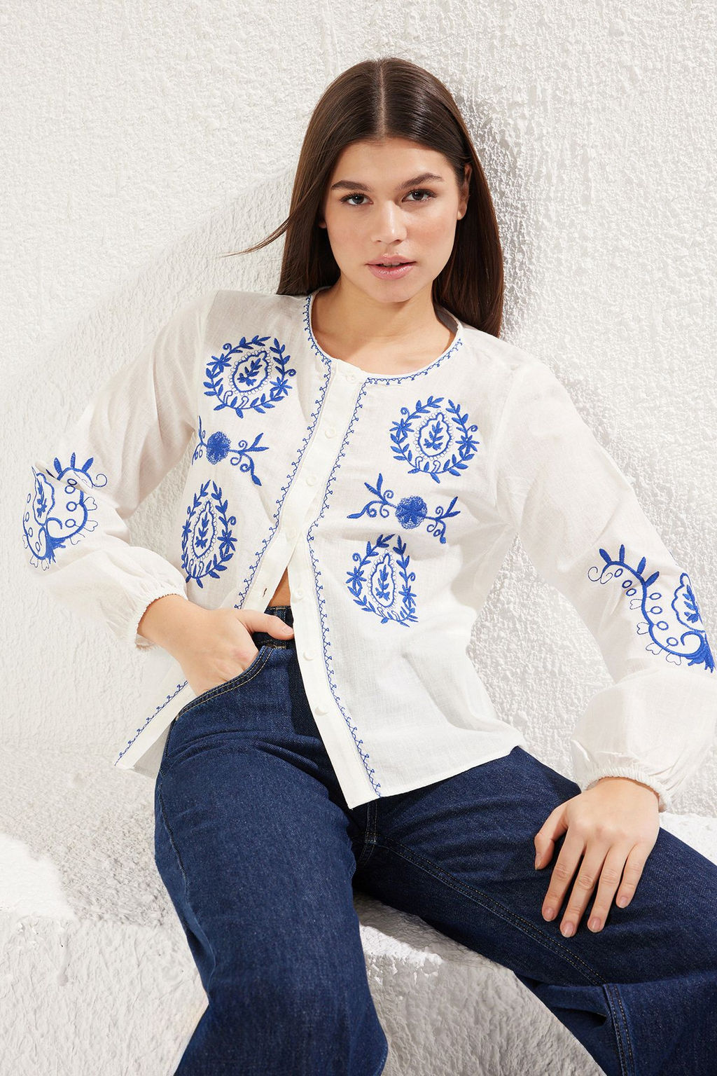 Beyaz Nak?s Detayl? Flaml? Kumas Regular Normal Kal?p Dokuma Gomlek TWOSS25GO00048 - Trendyolmilla фото 2