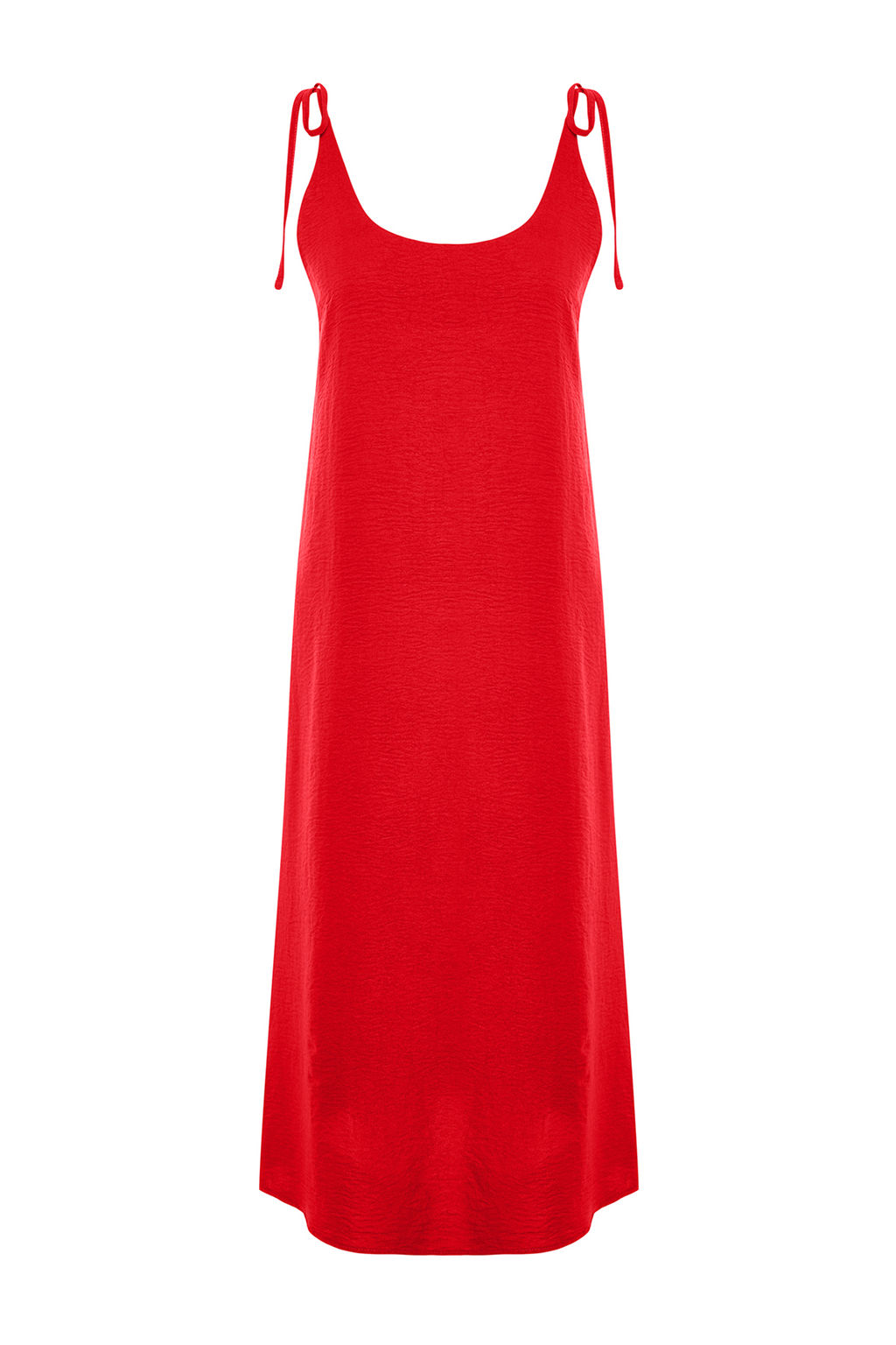 K?rm?z? Duz Kesim Y?rtmacl? Ask?l? Midi Dokuma Elbise TWOSS23EL00413