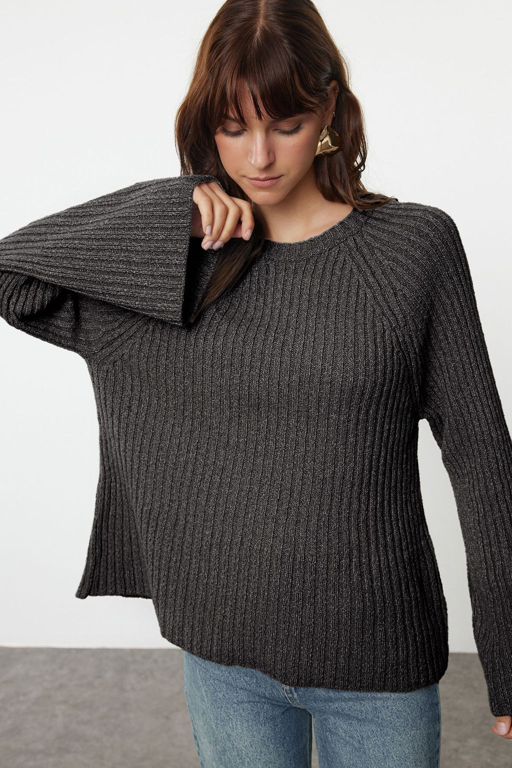 More Sustainable Kahverengi Genis Kal?p Peplum Detayl? Pamuklu Triko Kazak TWOAW25KZ00305 - Trendyolmilla фото 13
