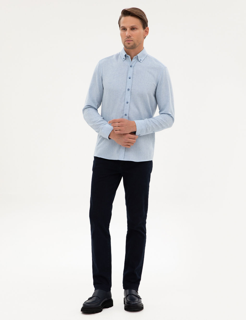 A__k Mavi Flanel Dokulu Slim Fit Uzun Kollu G_mlek