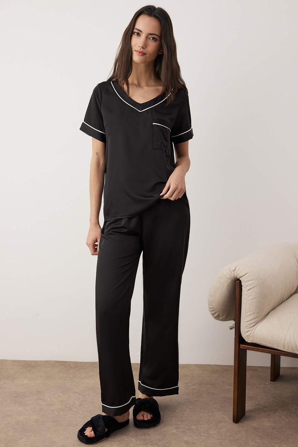 Siyah Biyeli Mat Saten Dokuma Pijama Tak?m? THMAW26PT00031 - Trendyolmilla фото 2