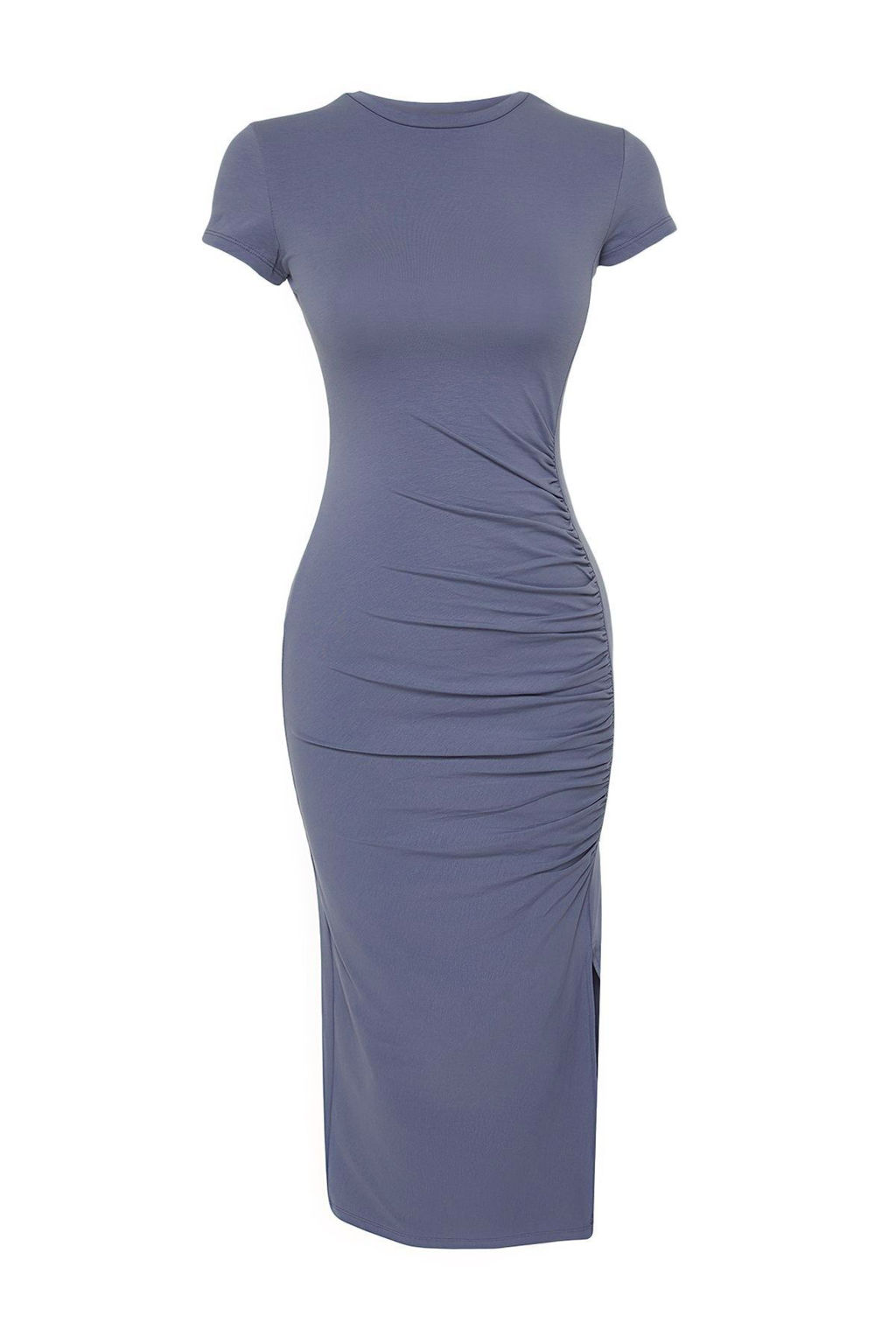 Ac?k Antrasit Fitted/Vucuda Oturan Buzgu ve Y?rtmacl? Midi Pamuklu Esnek Orme Elbise TWOSS23EL00777