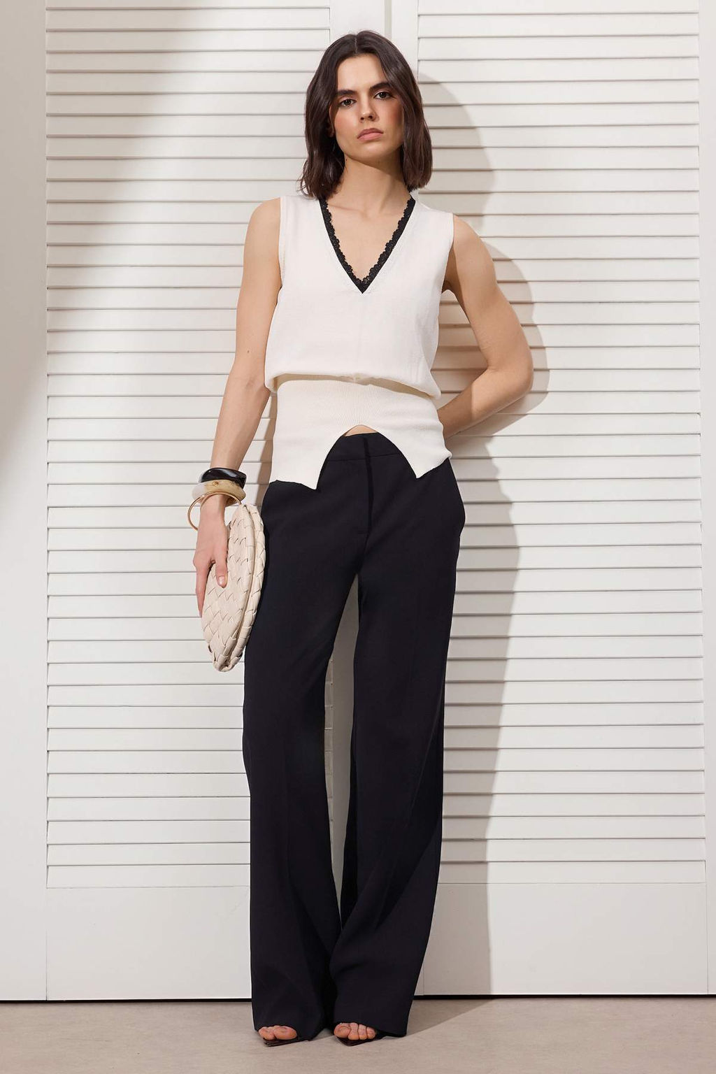 Ekru Yazl?k Renk Bloklu Ozel Iplik Belden Oturtmal? Triko Ince Bluz TWOSS26BZ00300