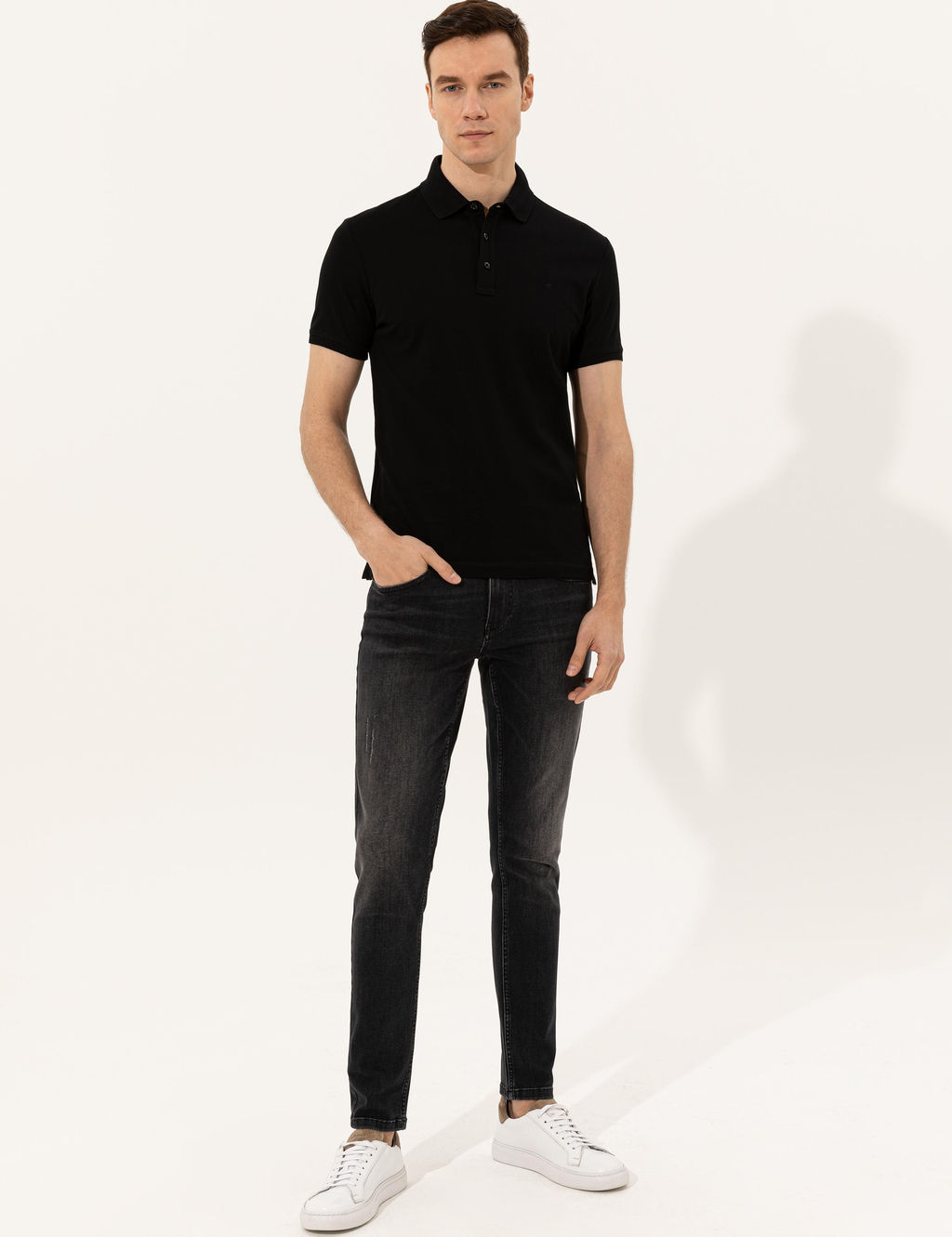 Siyah Polo Yaka Slim Fit Basic Merserize T-shirt