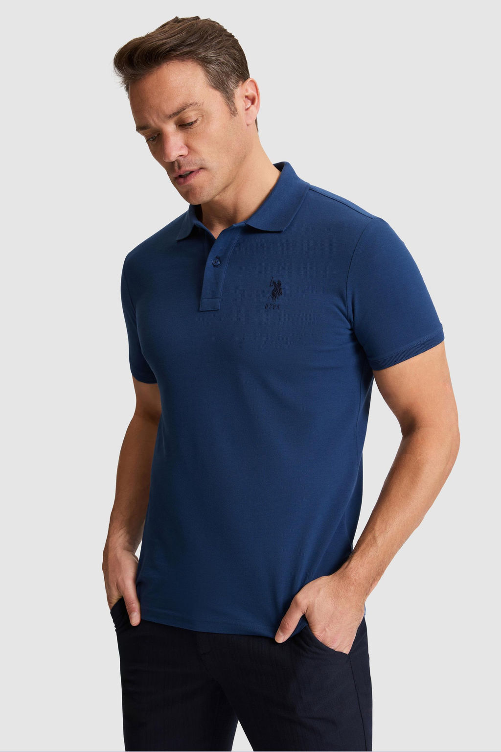 Erkek A__k Lacivert Slim Fit Polo Yaka Basic Ti__rt