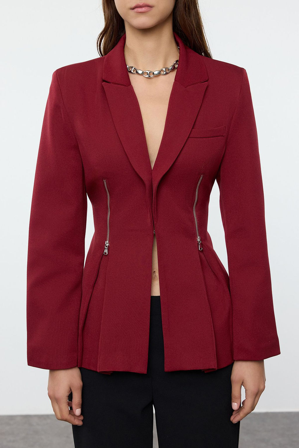 TRENDYOLMILLA Siyah Fermuar Detayl? Dokuma Blazer Ceket TWOAW25BC00010