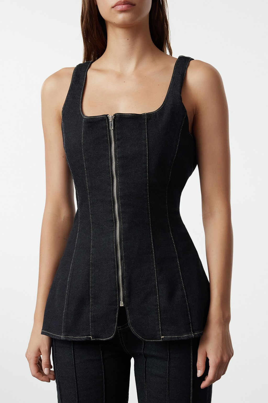 Trendyolmilla Siyah Dikis Detayl? Fermuarl? Kare Yaka Denim Bluz TWOAW25BZ00005  фото 4