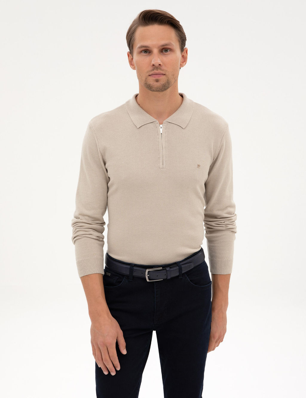 Kum Melanj Slim Fit Polo Yaka Fermuarl_ Basic Triko Kazak