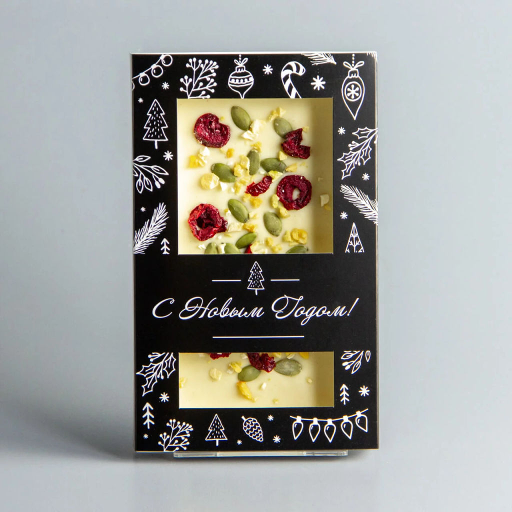 БЕЛЫЙ ШОКОЛАД МАНГО, ВИШНЕЙ И СЕМЕЧКАМИ ТЫКВЫ, НОВОГОДНЯЯ КОРОБОЧКА #5