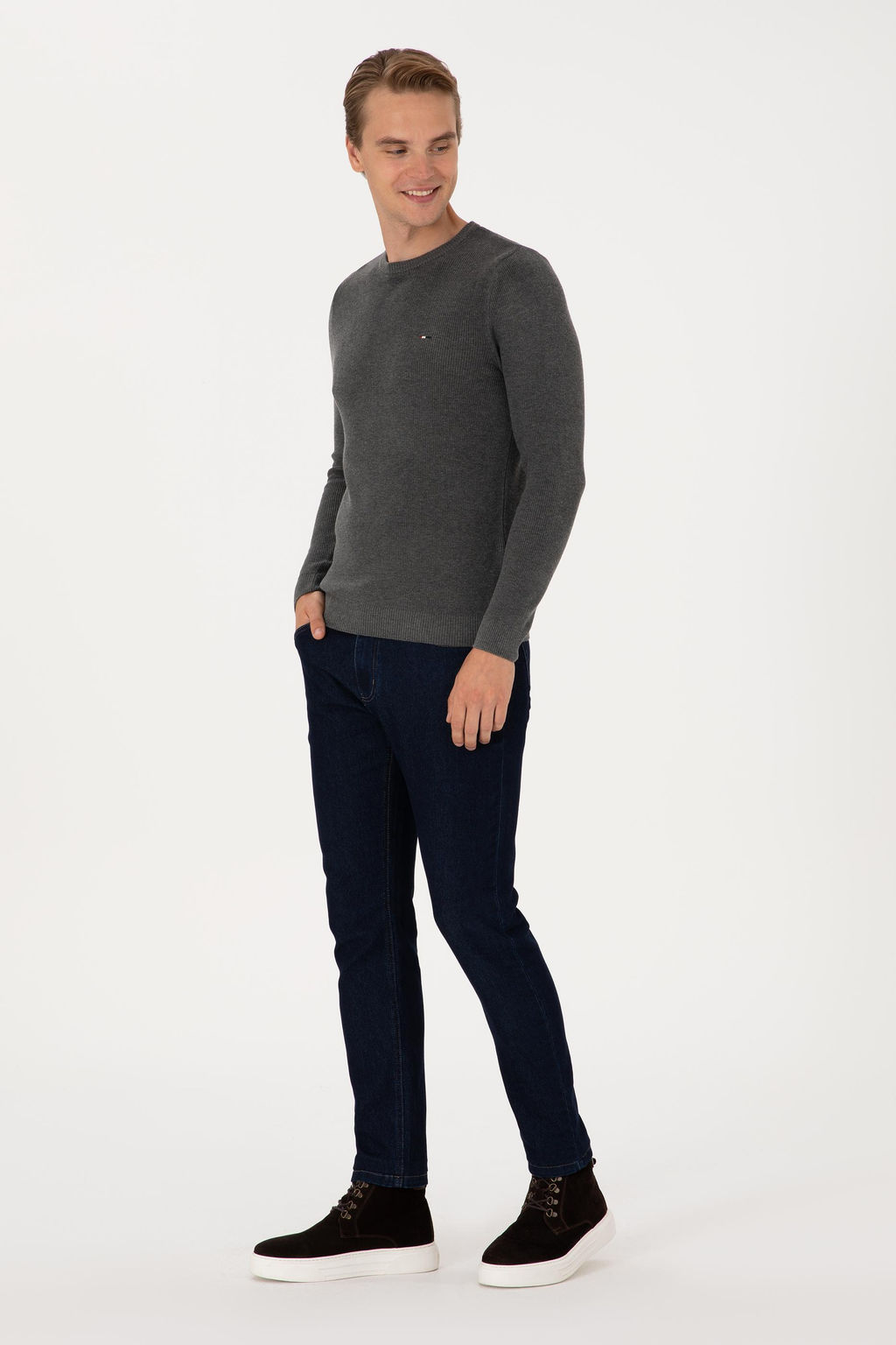 Erkek Slim Fit Bisiklet Yaka Antrasit Melanj Basic Kazak - U.s. polo assn фото 4