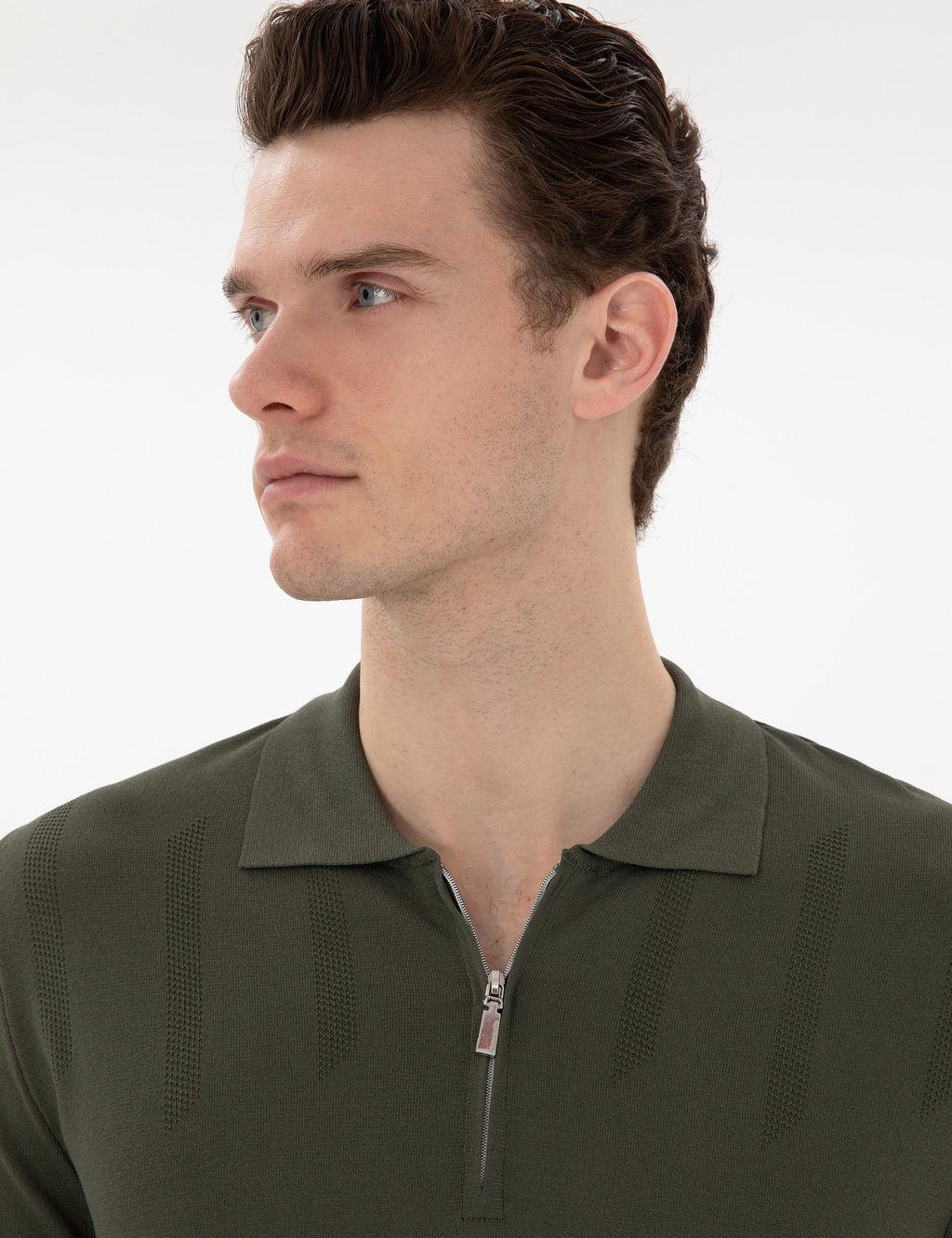 Haki Slim Fit Fermuarl_ Polo Yaka Triko Ti__rt
