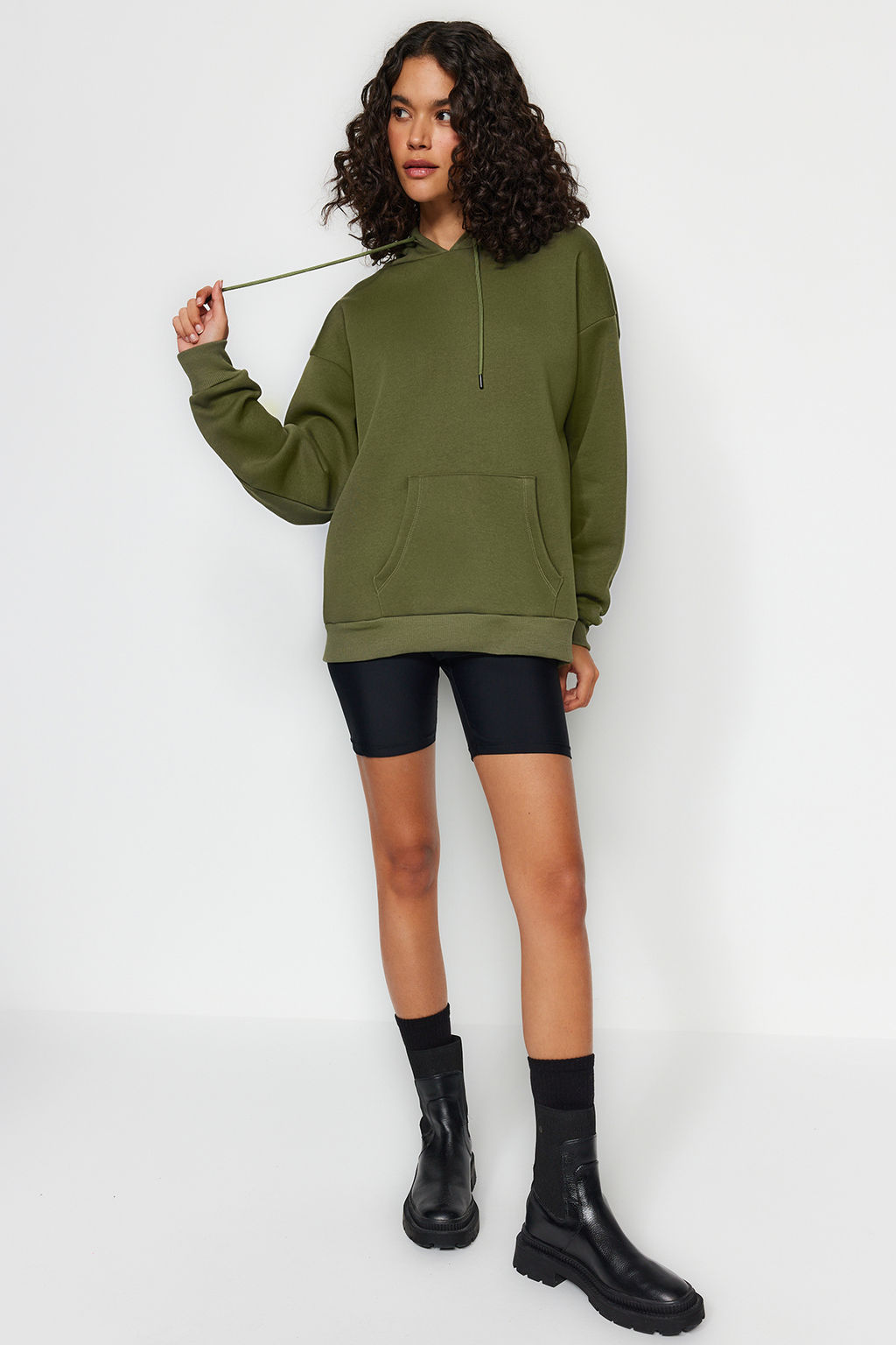 Haki Kal?n Ici Polarl? Oversize/Genis Kal?p Kapusonlu Basic Orme Sweatshirt TWOAW24SW00103