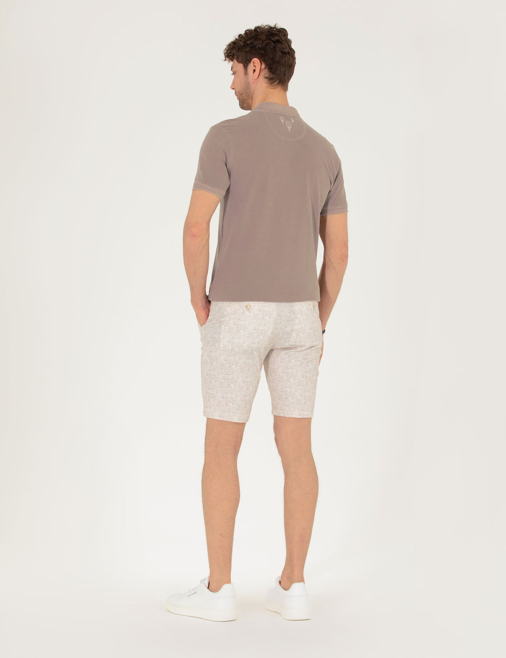 Bej Slim Fit Beli Lastikli Desenli Bermuda _ort