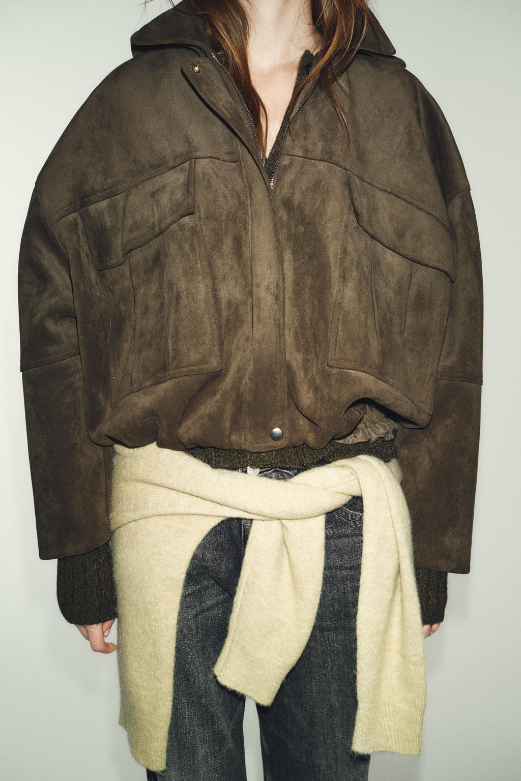 OVERSIZE FAUX SUEDE BOMBER JACKET WITH HOODIE