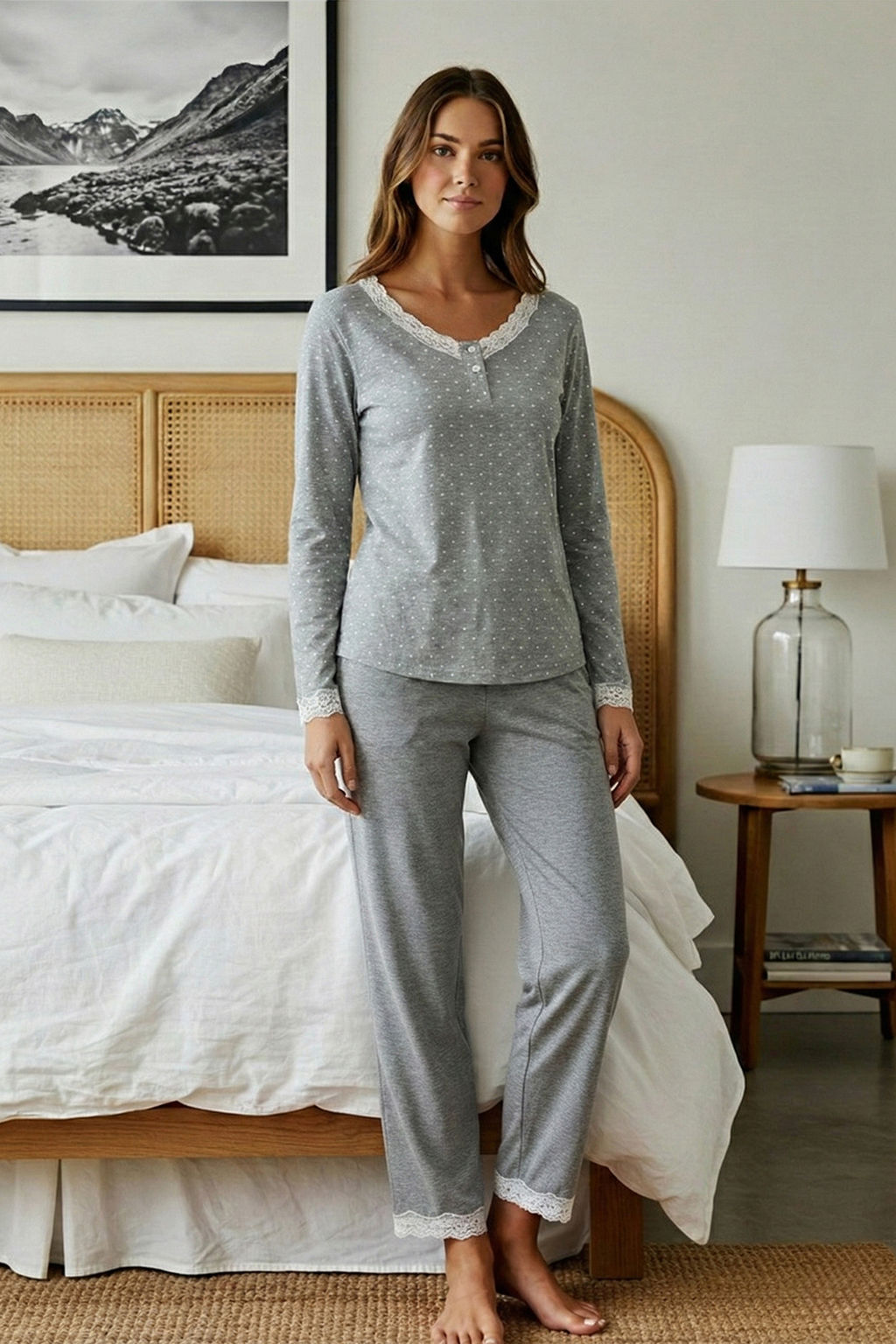 Gri Puantiyeli Dantelli Tshirt-Pantolon Orme Pijama Tak?m? THMAW24PT00182 - Trendyolmilla фото 10