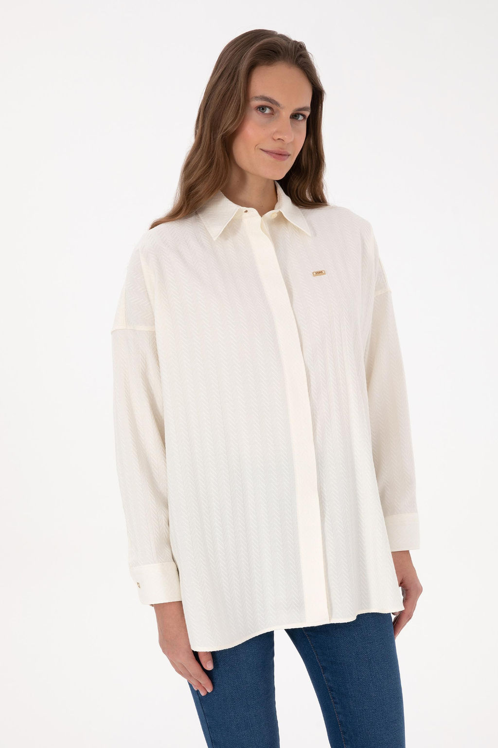 Kad_n Krem Uzun Kollu Oversize Desenli G_mlek