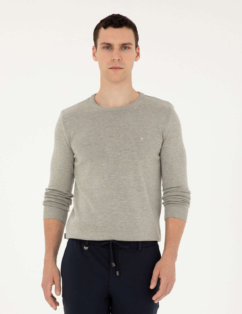 A__k Gri Melanj Slim Fit Bisiklet Yaka Basic Triko Kazak
