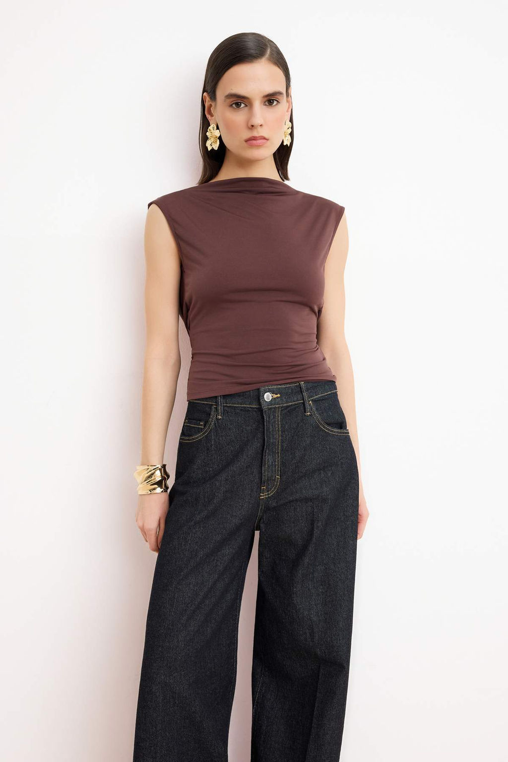 Kahverengi Duz Kay?k Yaka Kolsuz Orme Sandy Party Bluz TPRSS26BZ00052 - Trendyolmilla фото 2