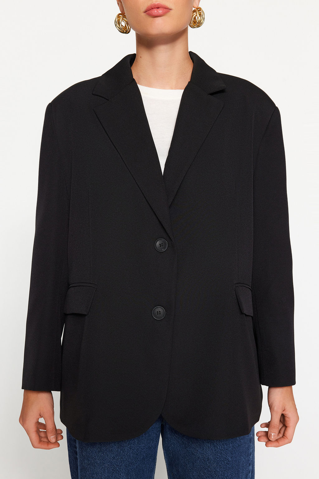 Siyah Dokuma Ekstra Oversize Blazer Ceket TWOAW24BC00107