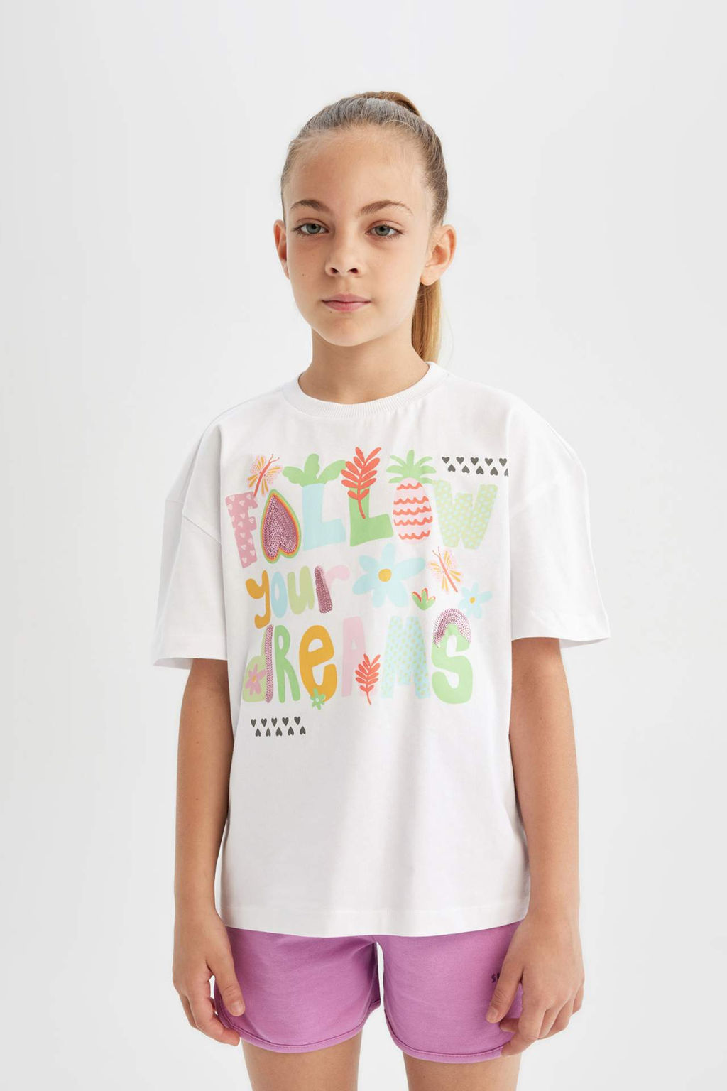 K?z Cocuk Oversize Genis Kal?p Bisiklet Yaka Bask?l? K?sa Kollu Tisort - Defacto фото 2