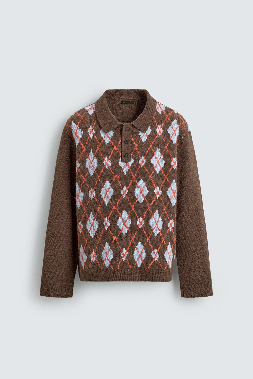 KNIT ARGYLE POLO SHIRT WITH RIPPED EFFECT - Zara фото 15