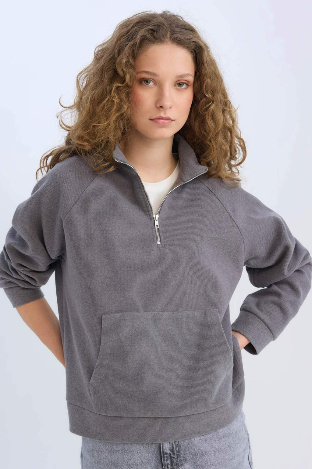 Oversize Genis Kal?p Basic Duz Kanguru Cepli Fermuarl? Polo Yaka Sweatshirt - Defacto фото 2
