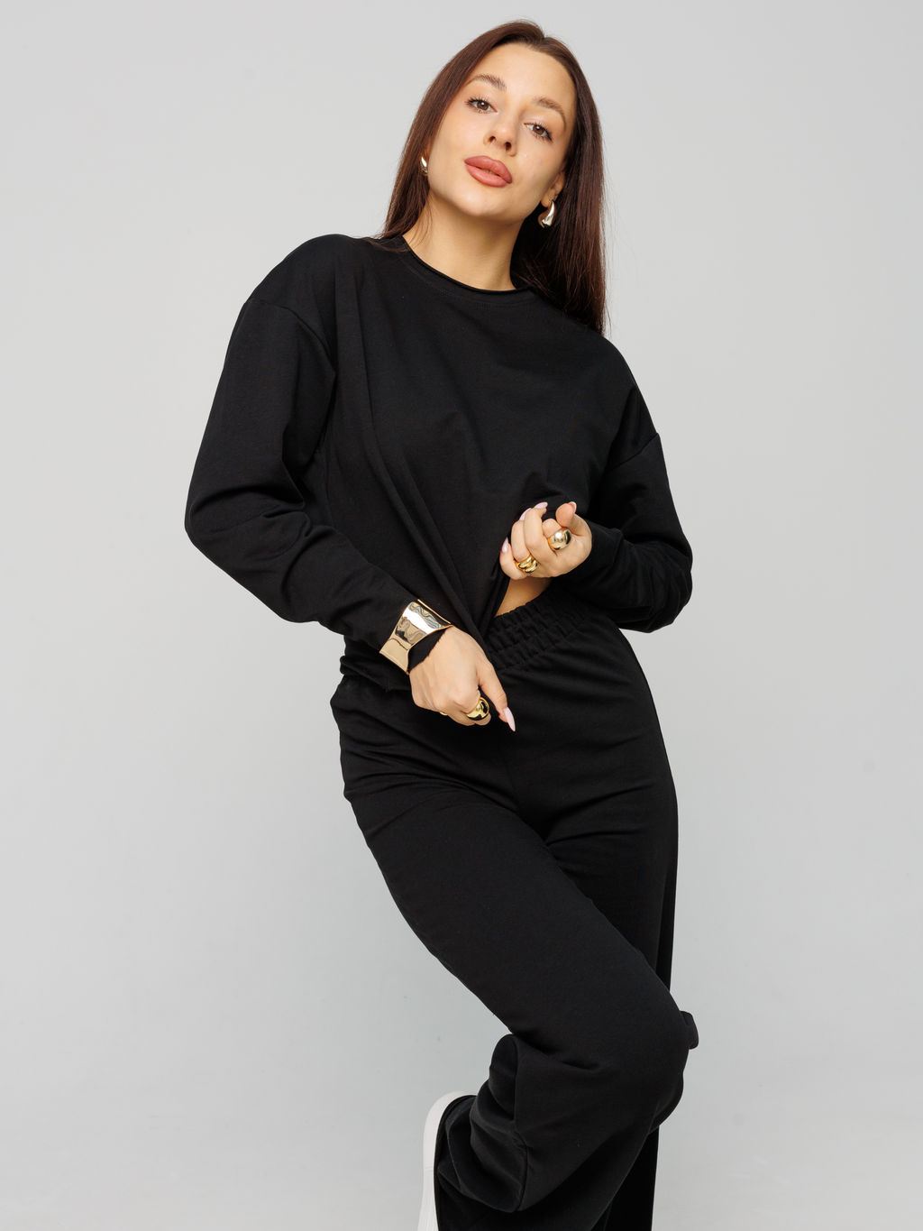 Женский лонгслив из футера 2-х нитки черный ВК-25 (35)