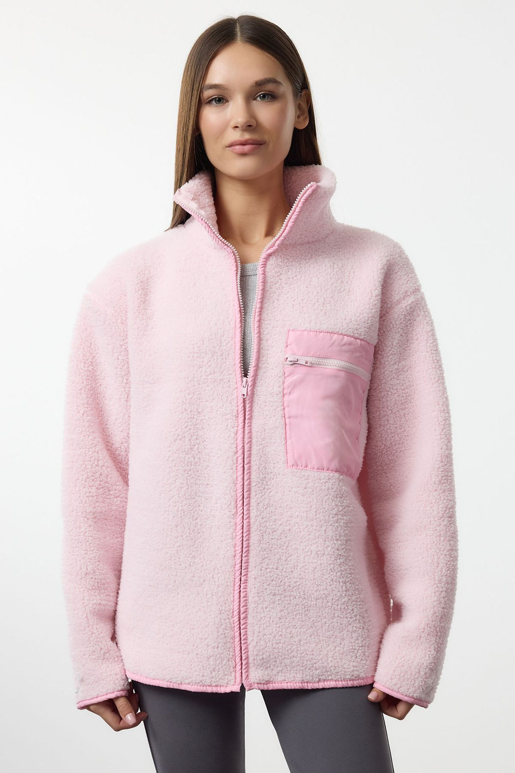 Winter Essentials Ac?k Pembe Kal?n Polar Fermuarl? Dik Yaka Cepli Orme Sweatshirt TWOAW24SW00071