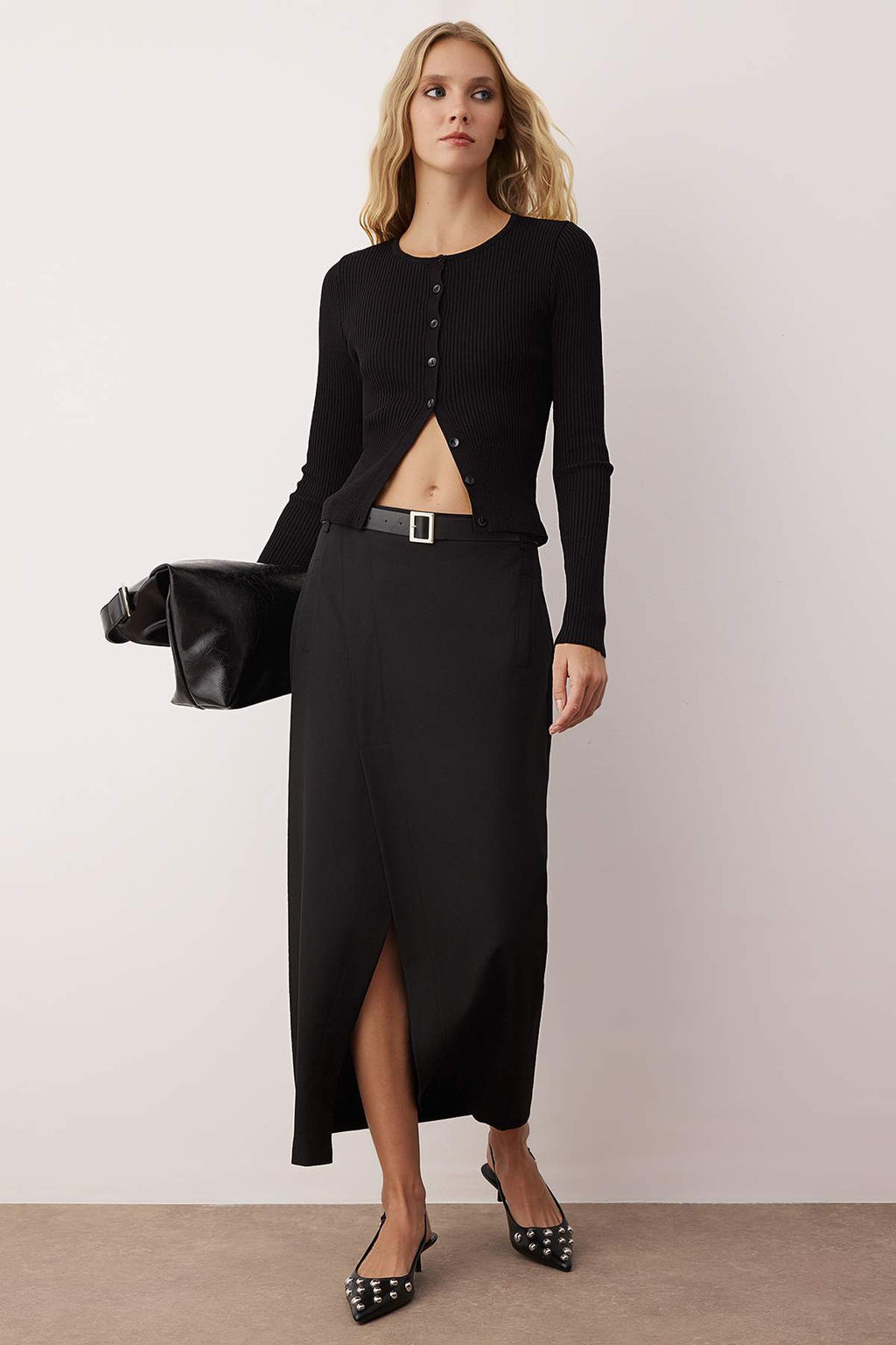 TRENDYOLMILLA Antrasit Kruvaze Kapama Maxi Boy Dokuma Etek TWOAW25ET00082