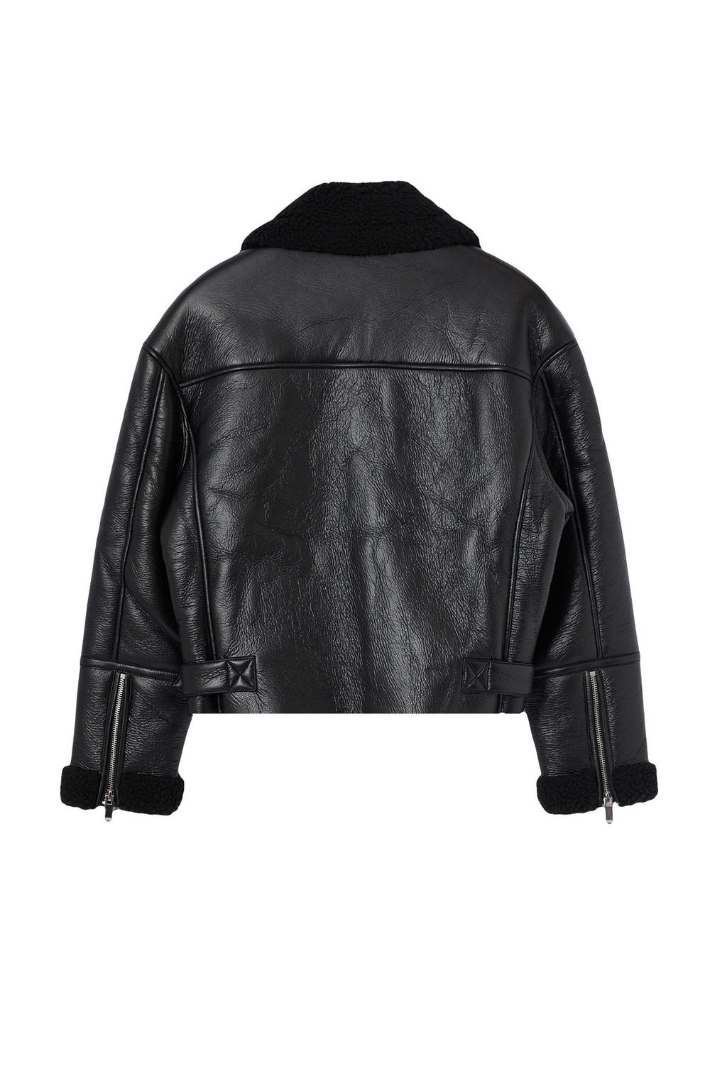 Siyah Regular Kal?p Pelus Detayl? Suni Deri Biker Ceket Mont TWOAW24MO00279