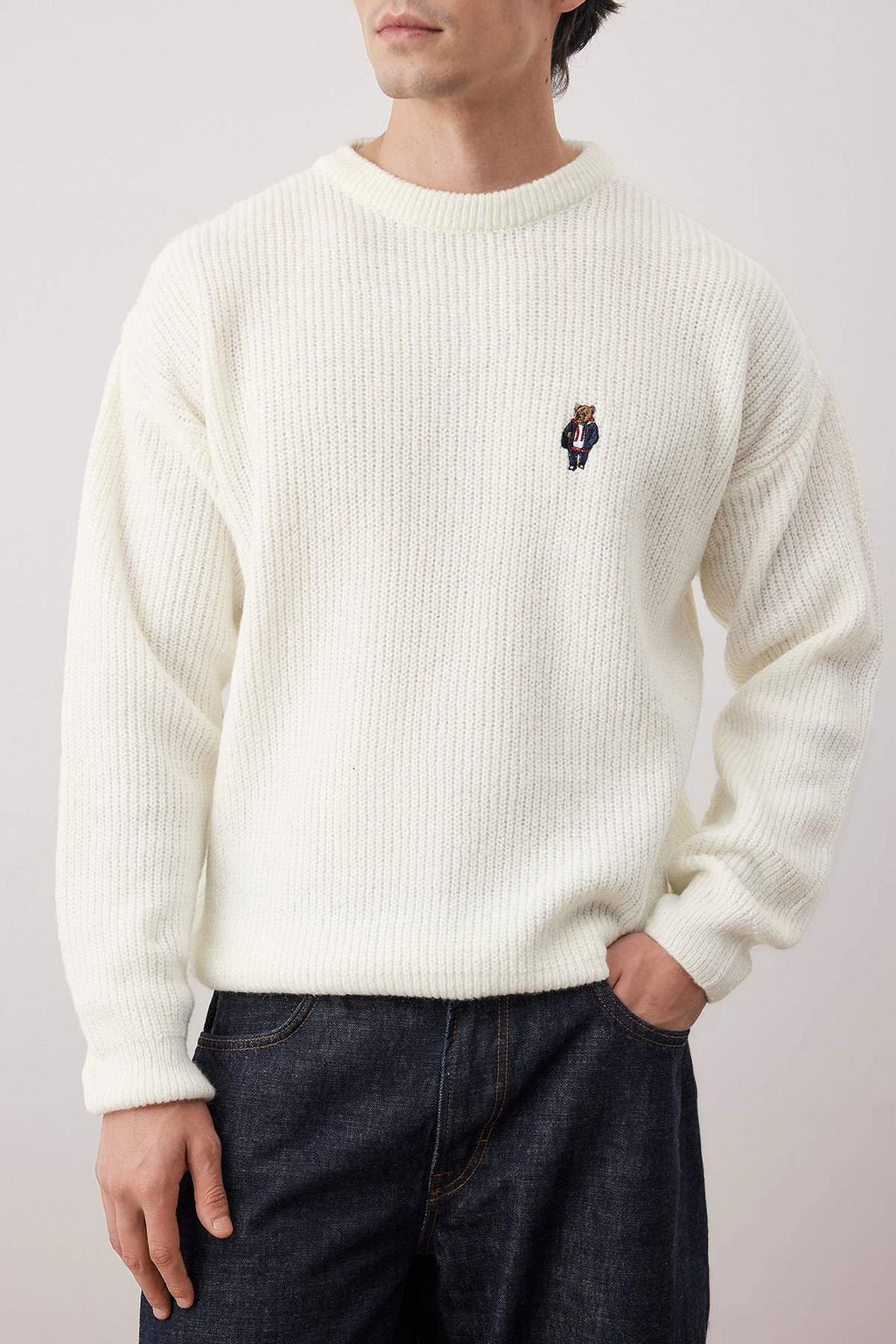 Ekru Oversize/Genis Kesim Bisiklet Yaka Ay? Nak?sl? Kazak TMNAW26KZ00003 - Trendyolmilla фото 3