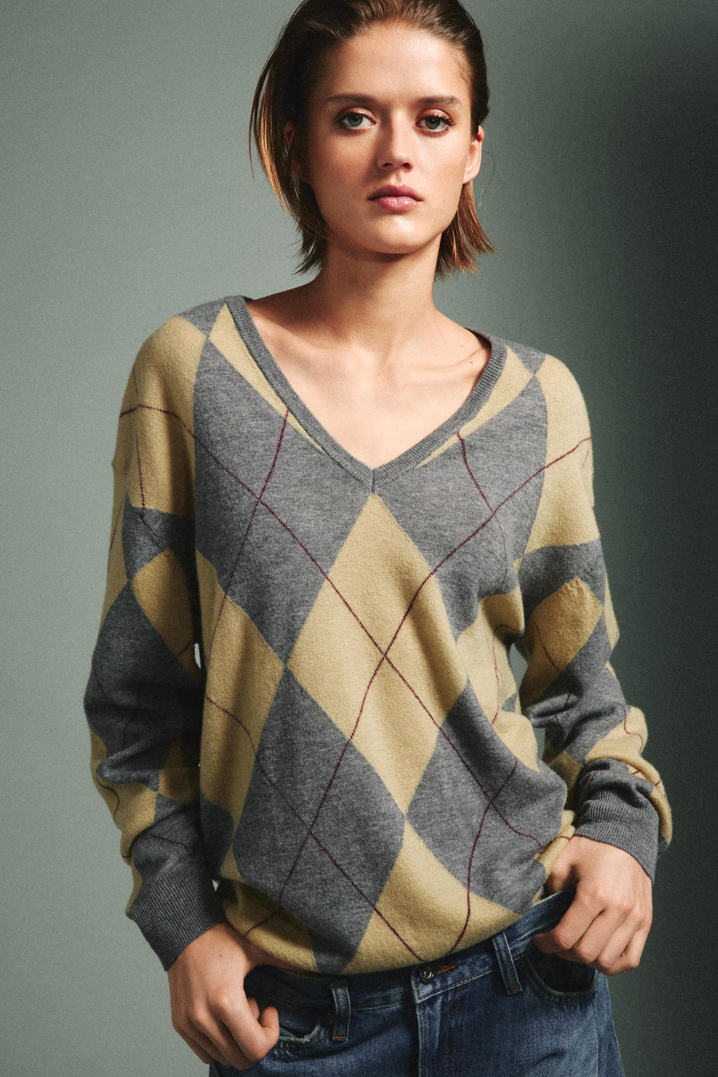 JERSEY 100% LANA ROMBOS / Verde gris - Zara фото 3