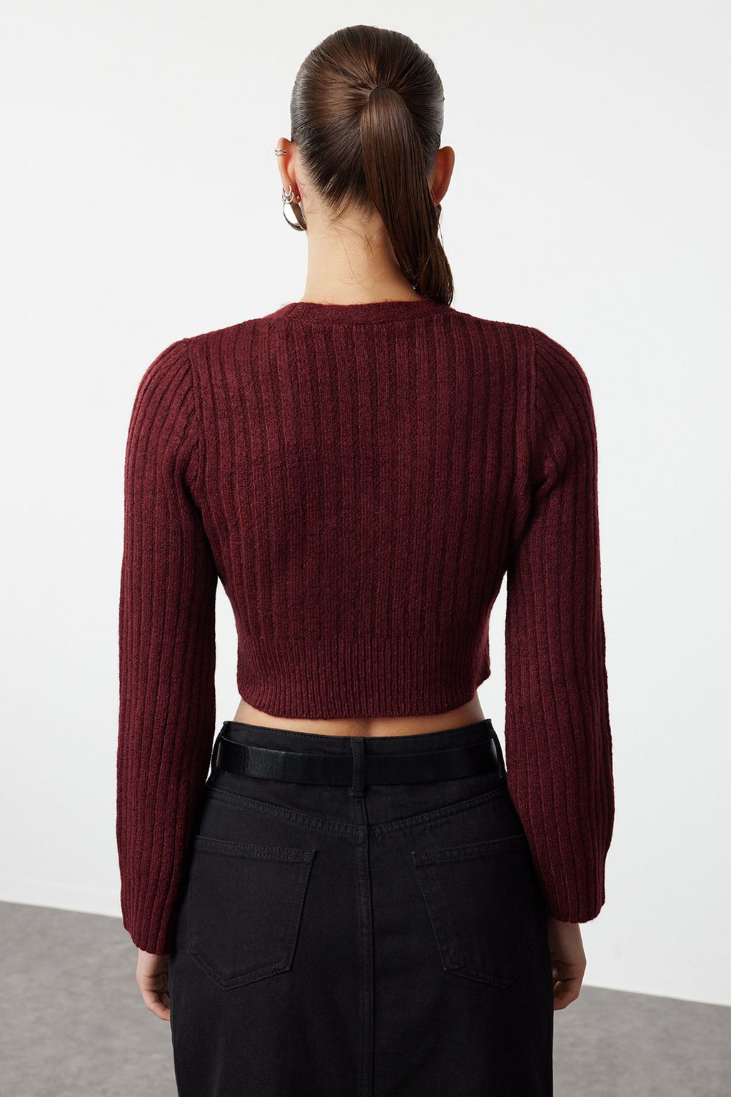 Bordo Crop Yumusak Dokulu Kruvaze Triko Kazak TWOAW24KZ00381