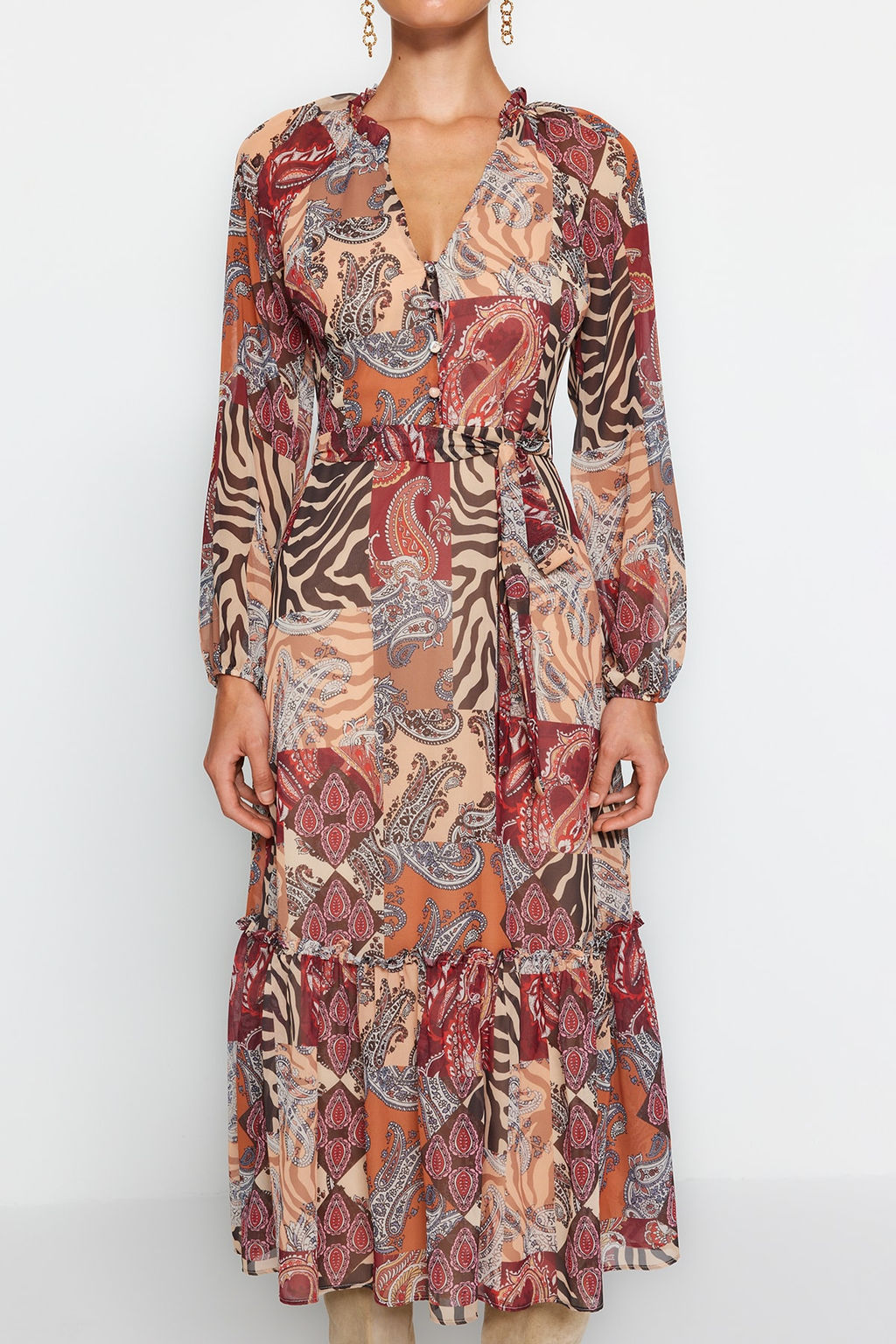 TRENDYOLMILLA Cok Renkli Kusakl? Etnik Desenli Etegi Volanl? Astarl? Midi Dokuma Elbise TWOAW24EL00356  фото 9