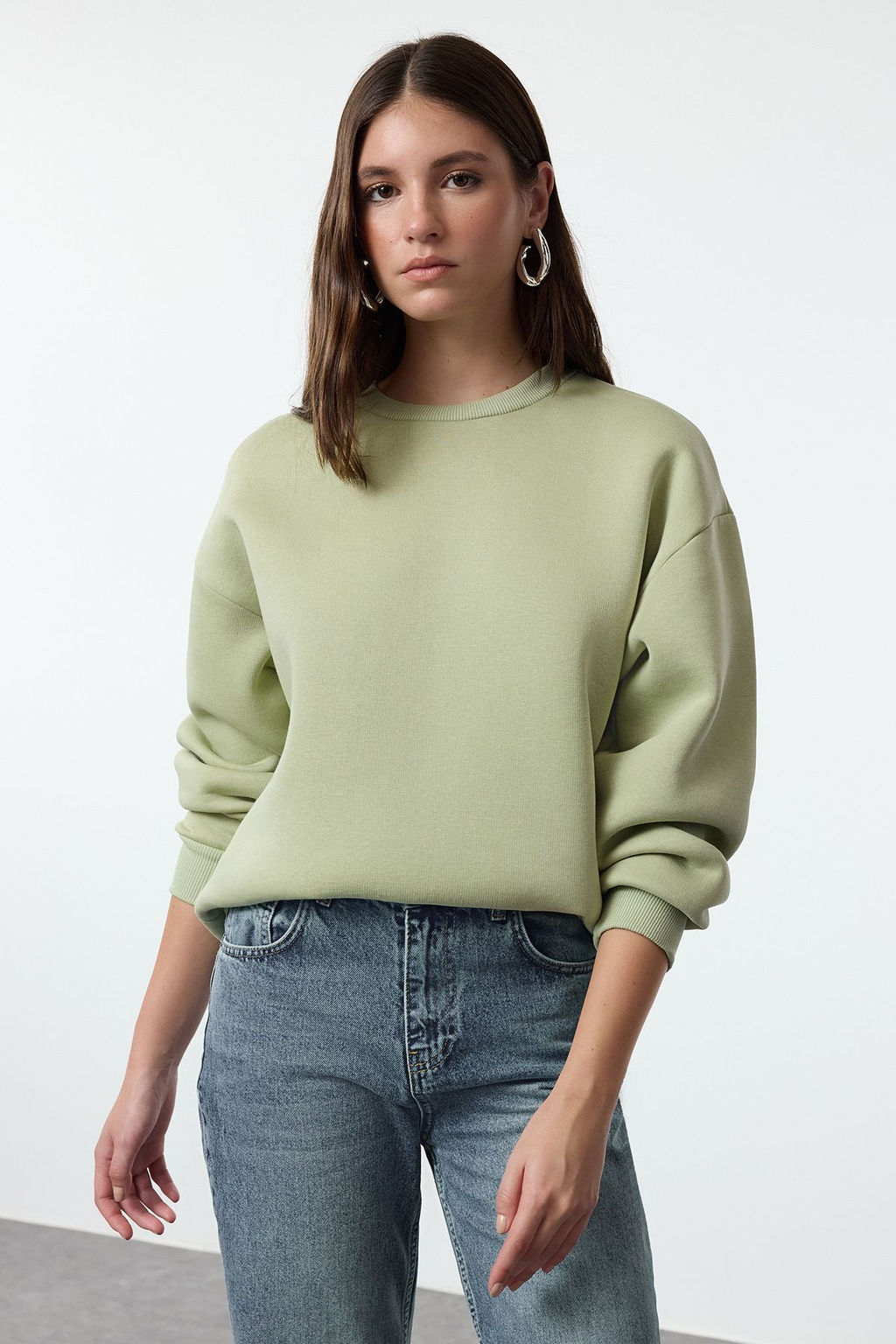 Mint Kal?n Ici Polarl? Regular/Normal Kal?p Bisiklet Yaka Basic Orme Sweatshirt TWOAW24SW00101
