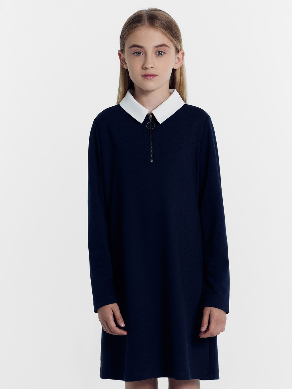 Полуприлегающее платье темно-синего цвета с белым воротничком для девочек - Mark formelle фото 3
