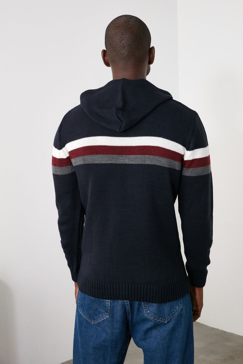 Lacivert Slim Dar Kesim Kapusonlu Cizgili Triko Kazak TMNAW21KZ0517