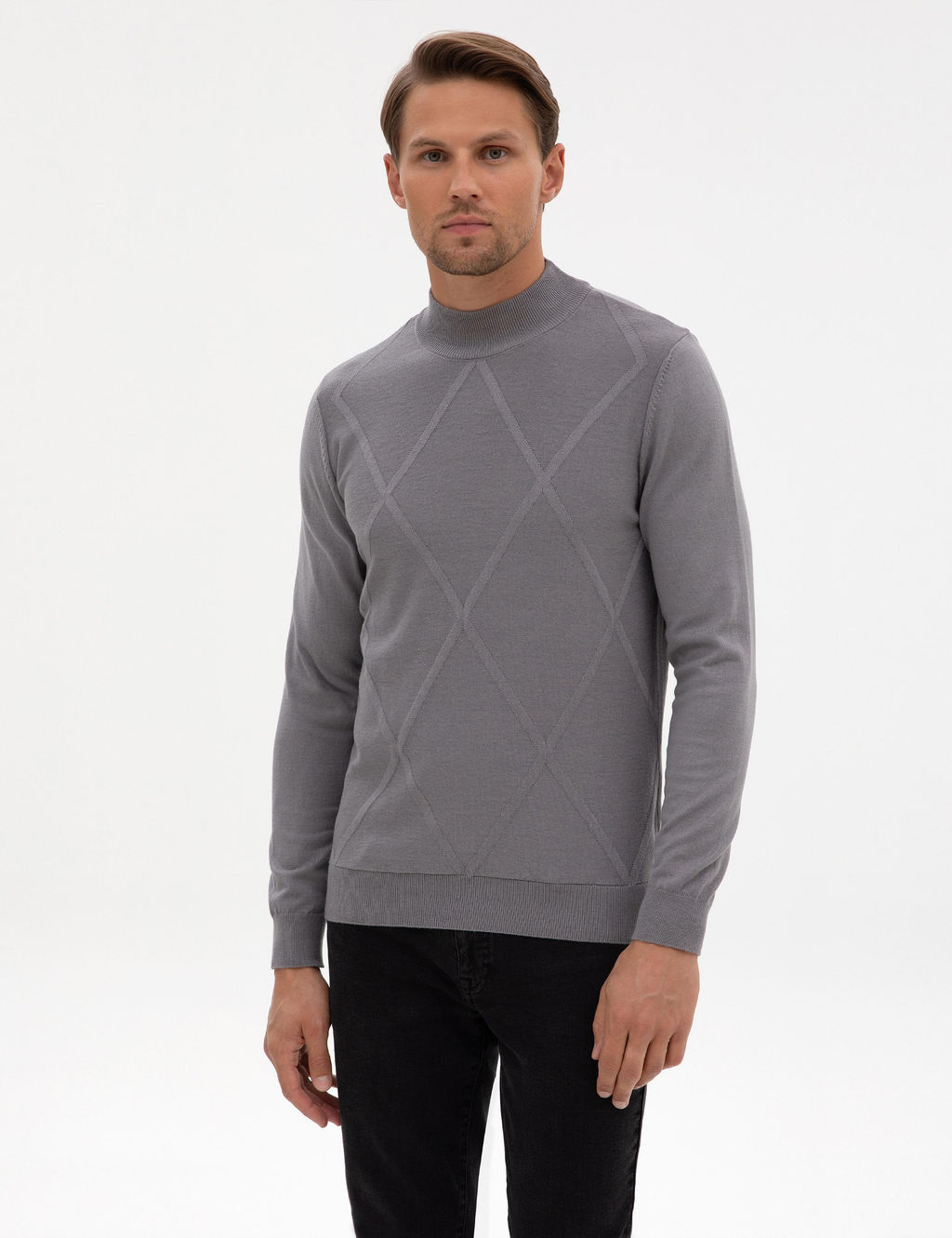 Gri Slim Fit Yar_m Bal_k__ Yaka Triko Kazak