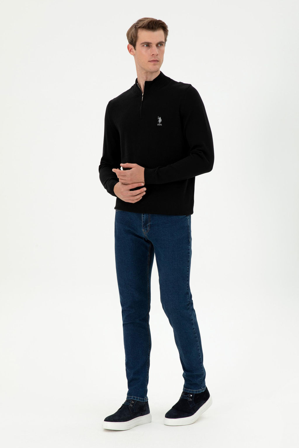 Erkek Slim Fit Yar_m Fermuarl_ Siyah Kazak