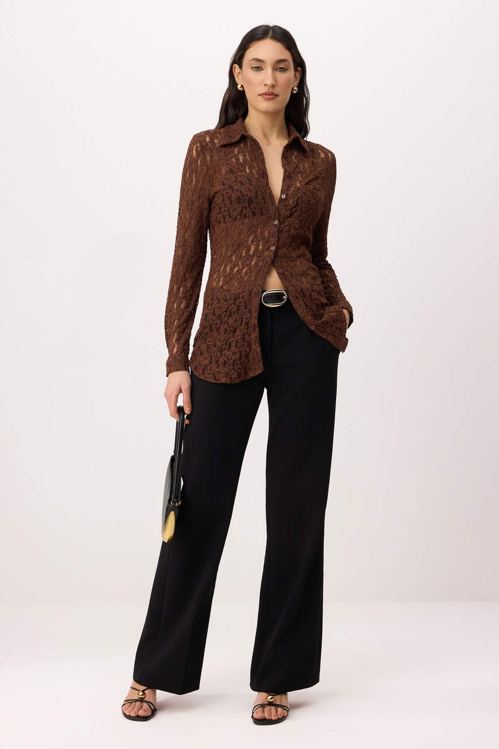 Kahverengi Duz Fitted/Vucuda Oturan Gomlek Yaka Uzun Kol Dantel Orme Gomlek TWOSS26GO00173